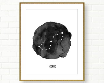 SCORPIO, Zodiac Sign Print, Horoscope, Astrology, Printable, Constellation, Universe, Black White Wall Decor, Modern, INSTANT DOWNLOAD