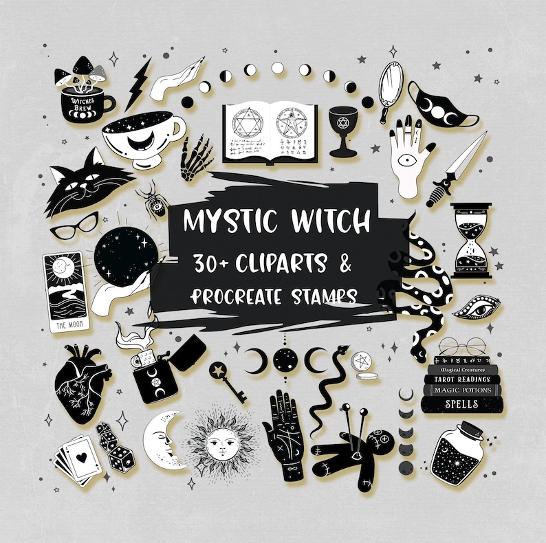 May include: Black and white illustrations of mystical witch themed clipart, including a witch's brew mug, a tarot card, a crystal ball, a snake, a heart, a sun, a moon, a key, a hand with an eye, a book, a cauldron, a dagger, a spider, a skull, a mirror, a voodoo doll, a potion bottle, a lighter, a hourglass, a pair of glasses, and a set of dice. The text "MYSTIC WITCH 30+ CLIPARTS & PROCREATE STAMPS" is in the center of the image.