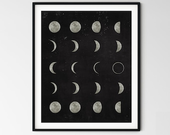 Póster con impresión de fases lunares, ciclo lunar, arte de pared minimalista, póster en blanco y negro, arte de pared moderno, luna sobre cielo negro, acuarela