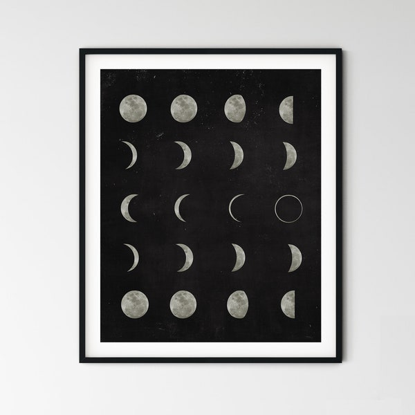 Moon Phases Print Poster Lunar Cycle Art Print Minimalist Wall Art Black And White Poster Modern Wall Art Moon on Black Sky Watercolor