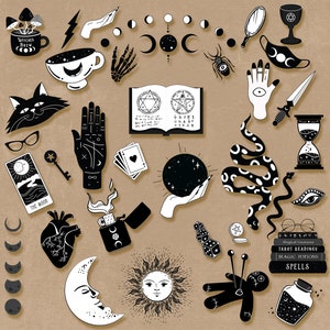 May include: Black and white illustrations of various witchcraft and occult symbols, including a cauldron, a book of spells, a tarot card, a snake, a heart, a moon, a sun, a hand with an eye, a dagger, an hourglass, a lighter, a dice, a voodoo doll, a jar, a key, a cat, a cup, a mirror, a spider, a ring, a crescent moon, a pentagram, and a skull. The text "Magical Creatures", "Tarot Readings", "Magic Potions", and "Spells" is also included.
