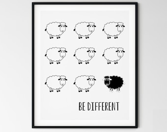 Modern Nursery Print Sheep Kids Art Poster INSTANT DOWNLOAD Black And White Scandinavian Kids Art Typography Poster Kids Be Different