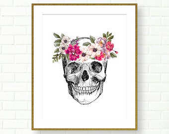 Calavera floral, IMPRIMIBLE, DESCARGA INSTANTÁNEA, Decoración de tocador, Póster, Anatómico, Santa Muerte, Boho, Negro, Calavera de azúcar, Negro, Blanco, Rosa