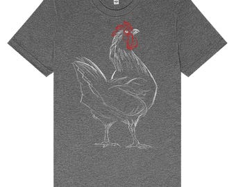 Rooster Cock T-Shirt - Animal Art - Heather CVC - Unisex Adult Tee - Gift for Farm Lovers - Hand Drawn