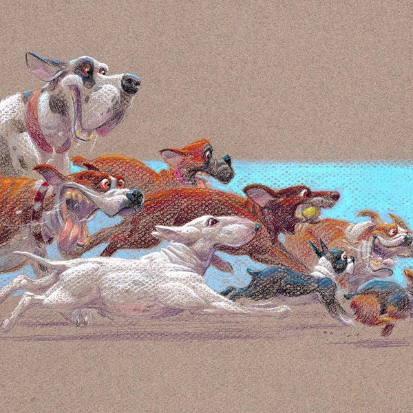DOG CHASE Wall Art - Animal Art Print - David Colman Original Illustration