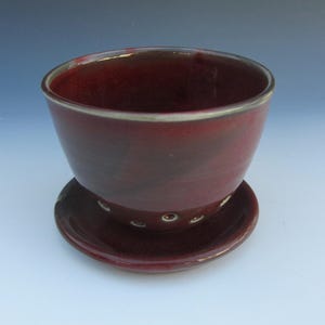 May include: A deep burgundy ceramic planter with a matching circular saucer. The bowl-shaped vessel features a smooth, glossy glaze with subtle dark streaks and a series of small, evenly spaced drainage holes around the lower base section.