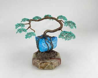 Aqua Aura Quartz Wire Tree Sculpture | Bonsai Tree | Aqua Aura Quartz | Copper Art | Handmade Art