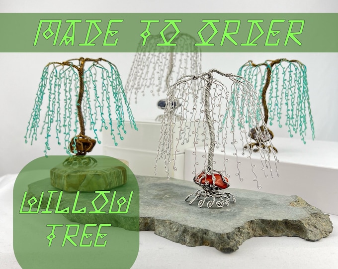 Featured listing image: Willow Tree Sculpture | Made to Order | Tumbled Gemstone | Steel & Brass Wire | Vibrational Art | Custom