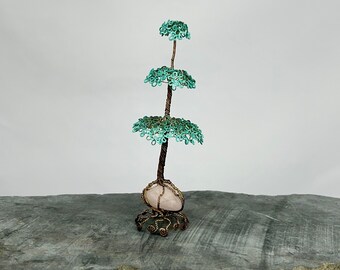 Rose Quartz Wire Tree Sculpture | Pine Tree | Rose Quartz | Brass Art | Handmade Art