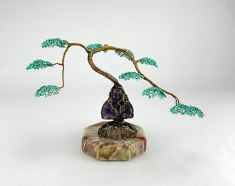 Amethyst Buddha Wire Tree Sculpture |  Bonsai Tree | Amethyst Buddha | Brass Art | Handmade Art