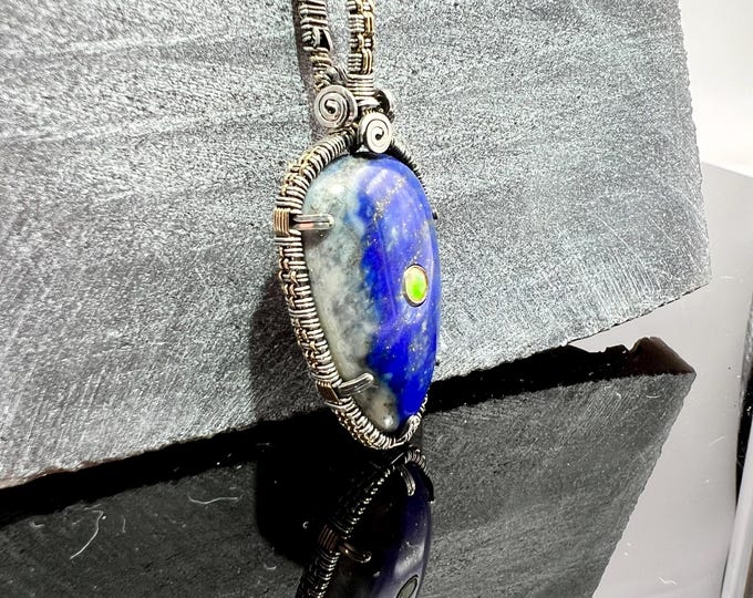 Featured listing image: Intuitive Connection Amulet | Lapis Lazuli w/ Ethiopian Opal | Exclusive Wire Wrap | Sterling Silver & 14k Gold-fill | Rare Luxury Art