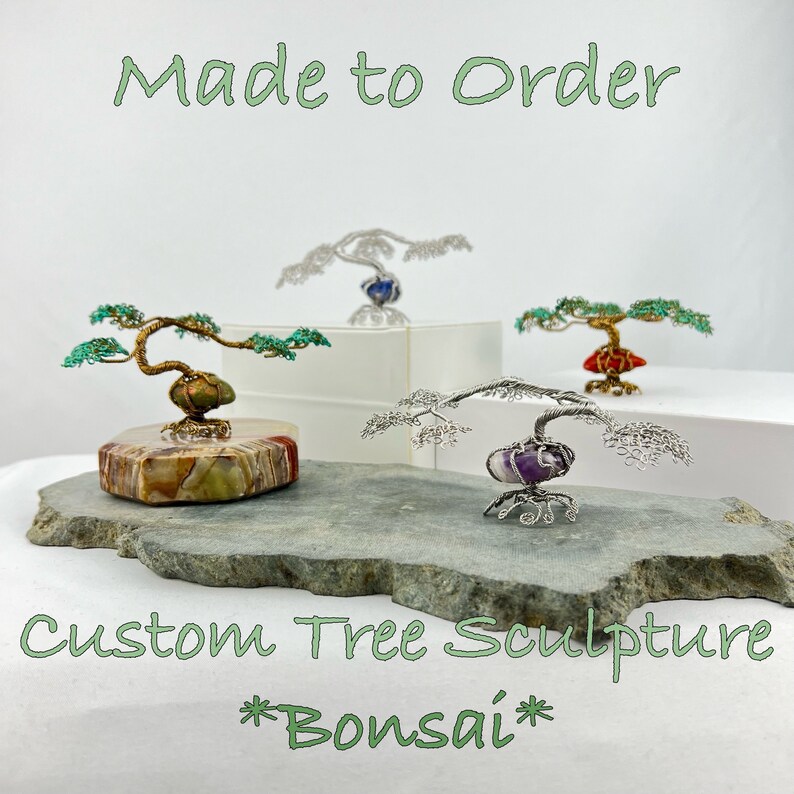 Bonsai Tree Sculpture Made to Order Tumbled Gemstone Brass & Steel Wire