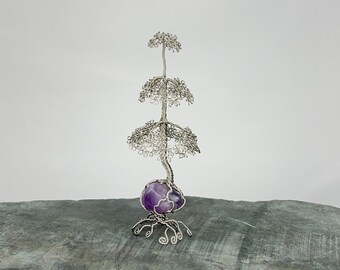 Amethyst Wire Tree Sculpture | Pine Tree | Amethyst | Steel Art | Handmade Art