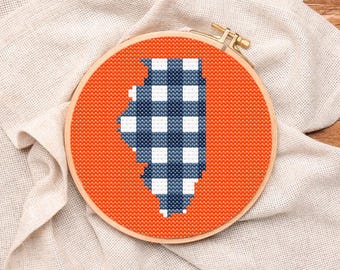 Illinois Orange & Blue Gingham Ornament Digital Download Cross-Stitch + Needlepoint Chart