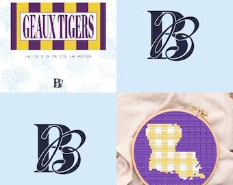 BUNDLE: LSU-Inspired Oblong Pillow & Ornament Digital Download Cross-Stitch + Needlepoint Stitch Guide