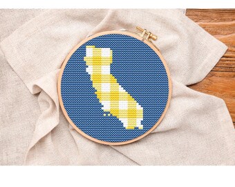 California Light Blue & Gold Gingham Ornament Digital Download Cross-Stitch + Needlepoint Chart