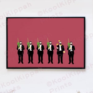 Puede incluir: Una ilustración digital de seis hombres con trajes negros y kipá que sostienen un lulav y un etrog, un ritual judío tradicional para la festividad de Sucot. Un hombre está haciendo malabares con cuatro limones amarillos.