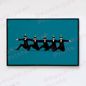 May include: Four men wearing black suits and hats are standing in a line, each with a green bottle on their head. The men are all facing forward and have their arms outstretched. The background is a solid teal blue.