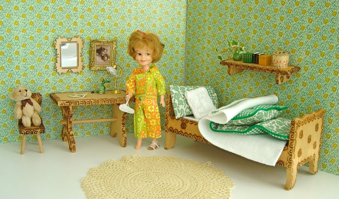 Flowery Green Wooden DOLL DIORAMA BEDROOM Set With Handmade Etsy