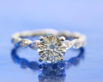Vintage Inspired Four Prongs Cathedral, Twisted Scalloped, Mil-Grain Engagement Ring, Round 7.0mm Forever One Moissanite In 18k White Gold.