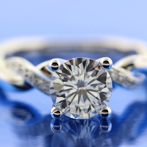 Twisted Diamond Band Round 7mm Forever One Moissanite Engagement Ring, Cathedral Setting With Mil-Grain Band In 18k White Gold. image 1