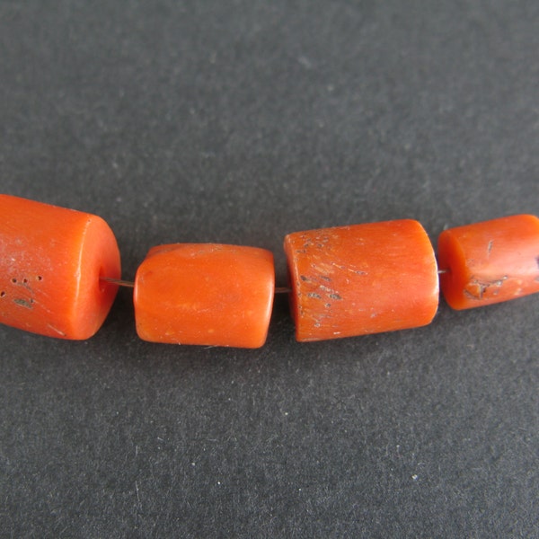 Antique natural coral beads, Mediterranean coral, 4 beads