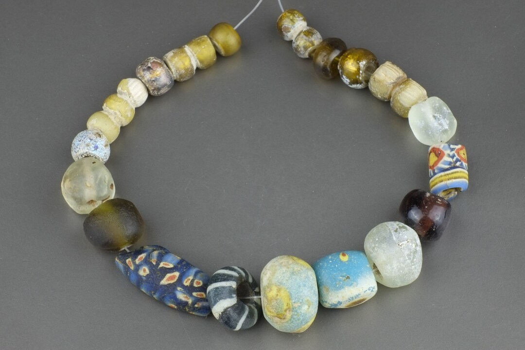 Strand Old Glass Beads, Antique Mosaic Beads, Eye Beads, Gold Foil
