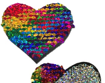 Pride Pasties - Rainbow & Silver Glitter Color Changing Sequin Heart Nipple Pasties by Pastease® o/s