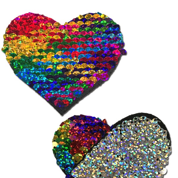 Pride Pasties - Rainbow & Silver Glitter Color Changing Sequin Heart Nipple Pasties by Pastease® o/s
