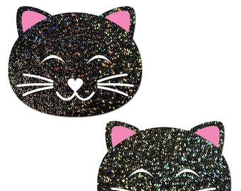 Nipple Cover Pasties - Black Glitter Kitty Cat Closed Eyes - Peel & Stick, One Size - Sweat/Waterproof, Gluten/Latex Free - Hypoallergenic