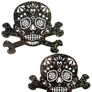 Nipple Cover Pasties-Glitter Candy Skull Crossbones Peel & Stick, One Size -Waterproof, Latex Free, Gluten Free Hypoallergenic Seamless