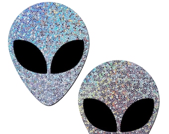 Nipple Cover Pasties - Glitter Silver Alien Spacey Black Eyes - Peel & Stick, One Size - Sweat/Waterproof, Latex/Gluten Free - Seamless