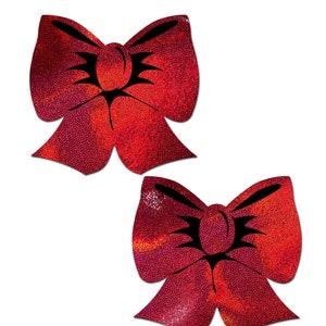 Nipple Cover Pasties - Holographic Red Bows - Peel & Stick, One Size - Sweat/Waterproof, Latex Free, Gluten Free - Hypoallergenic Seamless