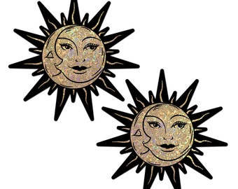 Pasties Sunburst: Sun & Moon Faces on Gold Glitter Sun Nipple Pasties by Pastease® o/s