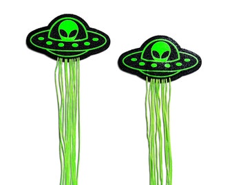 Nipple Cover Pasties - Alien Tassel UFO Glow in Dark Neon Green Black -Rave EDM Party Outfit Accessory - 3.3&quot; x 1.9&quot; Diameter: 1.5 inches