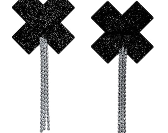 Tassel Pasties: Black Sparkle Plus X Pastease with Long Rhinestone Tassel Nipple Pasties by Pastease®