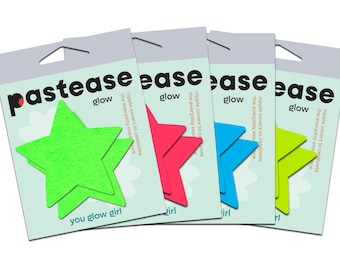 May include: Four packages of nipple covers in various colors: green, red, blue, and yellow. Each package features a star-shaped cover and the text "pastease glow" and "you glow girl". The packaging is light green.