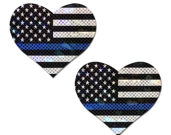Patriotic Pasties: Thin Blue Line American Flag Flashy Heart Nipple Pasties by Pastease o/s