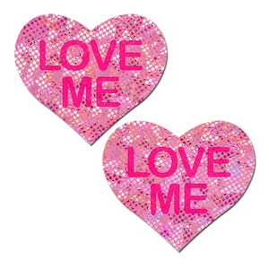 Pasties - Love: Disco Pink Heart with &#39;Love Me&#39; Nipple Pasties by Pastease® o/s