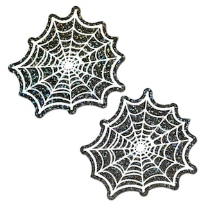 PASTEASE Nipple Pasties - Glitter Black Glow in the Dark Spooky Spider Web Nipple Covers  - Sweat/Waterproof, Latex Free