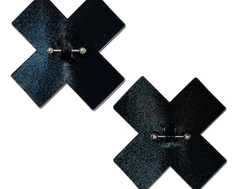 May include: Two black adhesive pasties in the shape of an X. The pasties have a small metal ring in the center.