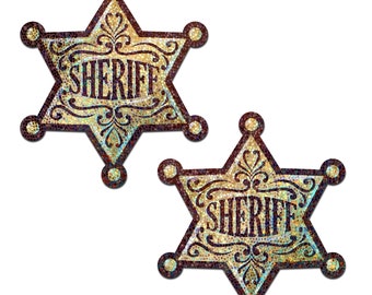 Nipple Pasties - Glittering Golden Sheriff&#39;s Badge - Perfect For Summer - All American Picnic BBQ Patriotic Parade Outfit Accessory