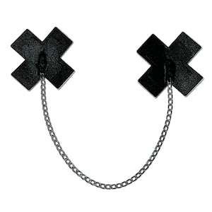 Pasties Chains: Liquid Black Plus X Cross with Chunky Silver Chain Nipple Pasties by Pastease® o/s