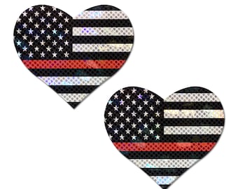 PASTEASE Nipple Pasties: Thin Red Line American Flag Heart Nipple Pasties - Festival Rave EDM or Club Aesthetic Outfit Accessory