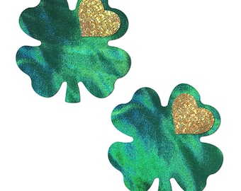 Pastease Coverage: Clover Green Holographic with Glitter Gold Heart Breast Coverings Support Tape by Pastease