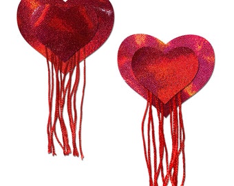 Pasties - Tassels: Red Holographic Hearts with Tassel Fringe Nipple Pasties by Pastease® o/s