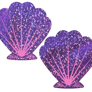 Nipple Pasties - Mermaid Glittering Purple with Pink Seashell - Peel & Stick, One Size - Sweat/Waterproof, Latex Free - Hypoallergenic