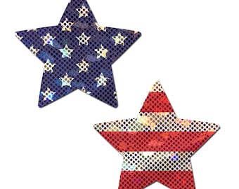 Nipple Cover Pasties - Star Glittering Stars & Stripes - Peel and Stick, One Size - Sweat/Waterproof, Latex, Gluten Free, Seamless