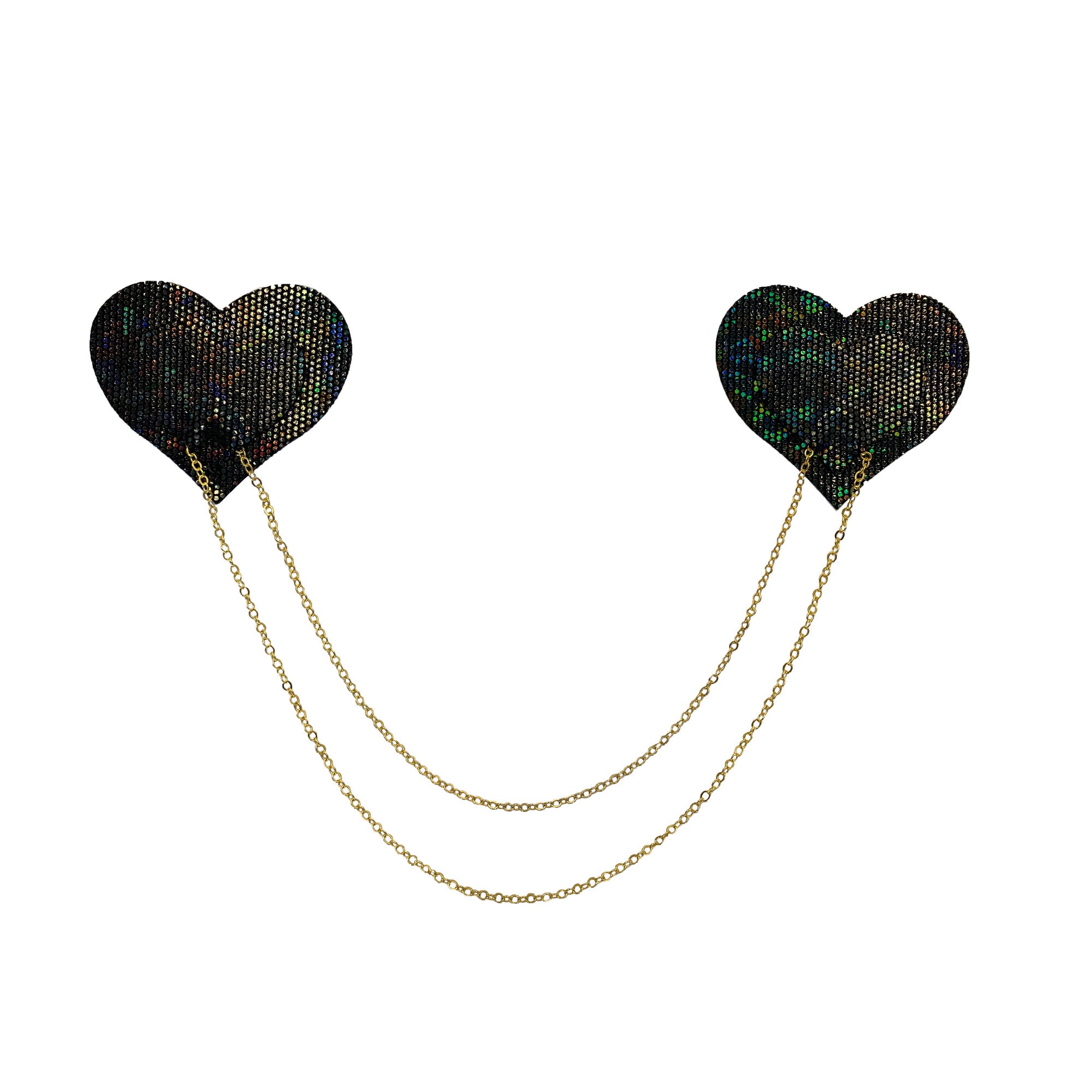 Nipple Cover Pasties - Black Shattered Disco Ball Heart with Gold Chains - Peel & Stick, One Size - Sweat/Waterproof, Latex Free Gluten Free