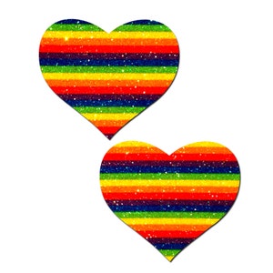 Nipple Cover Pasties - Love Glitter Double Rainbow - Peel & Stick, One Size - Sweat/Waterproof, Latex Free, Gluten Free - Seamless